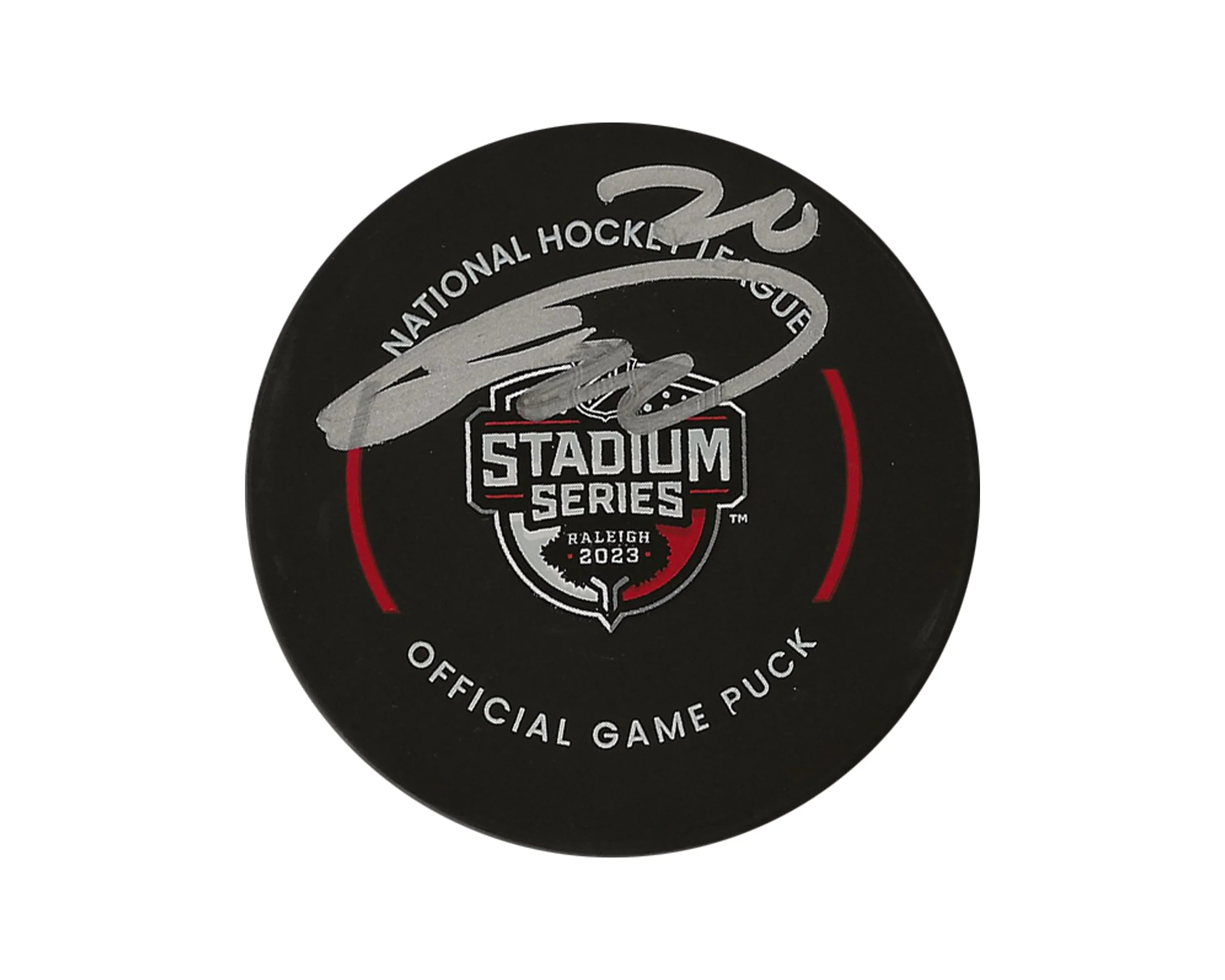 Signed 2023 NHL Stadium Series Raleigh official game puck with silver autograph