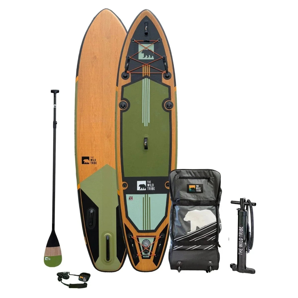 Green Sequoia XL inflatable paddle board set with paddle, bag, leash, and pump by The Wild Tribe