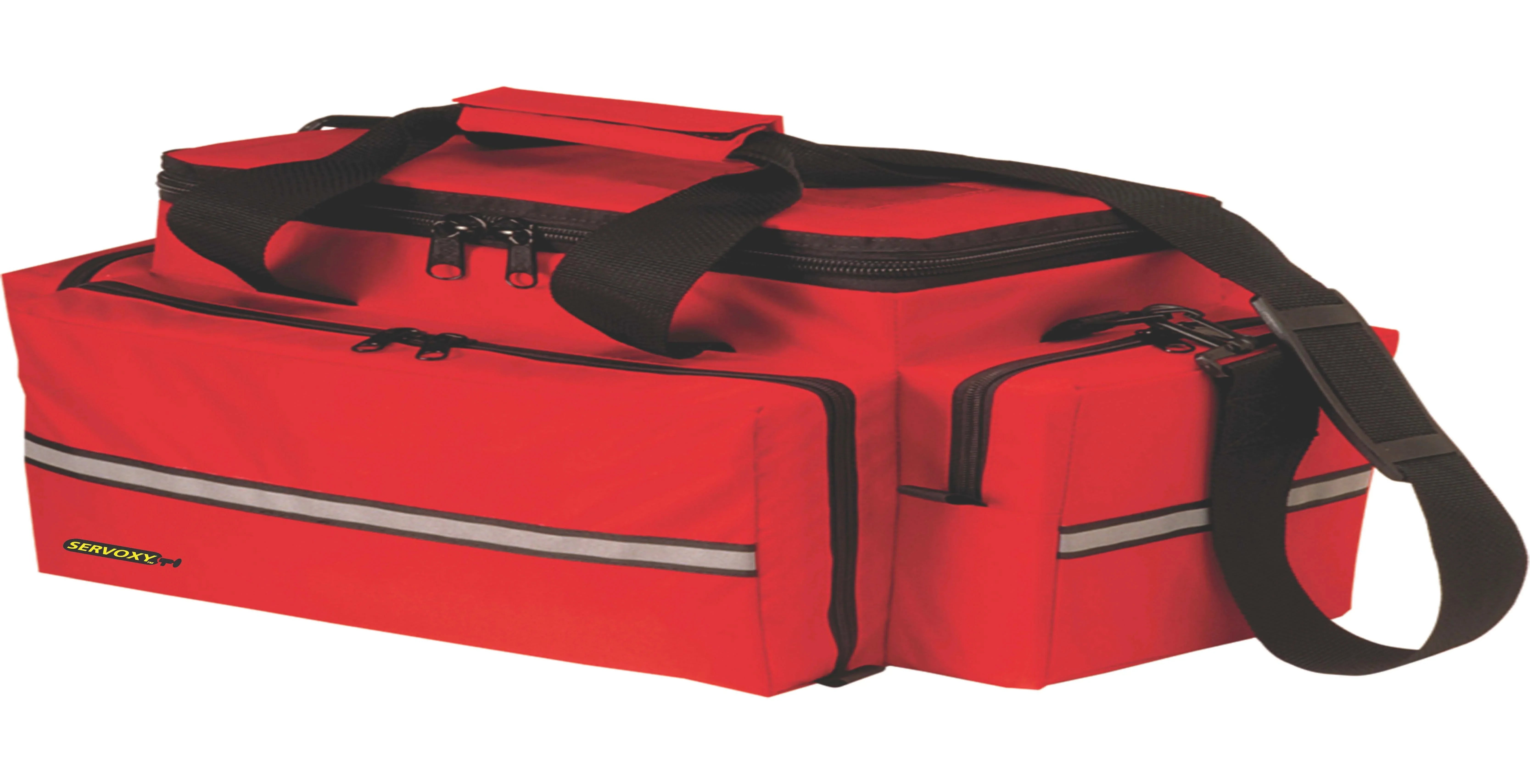 Red nylon trauma bag with black straps and reflective strip, medical emergency kit