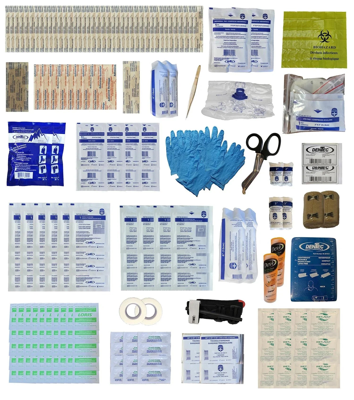 Comprehensive first aid kit contents with bandages, gloves, scissors, gauze, tape, and antiseptics.