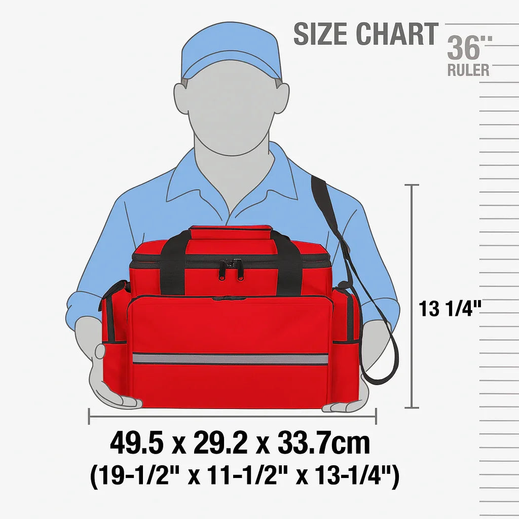 Red trauma bag size chart with dimensions in cm and inches, held by illustrated figure.