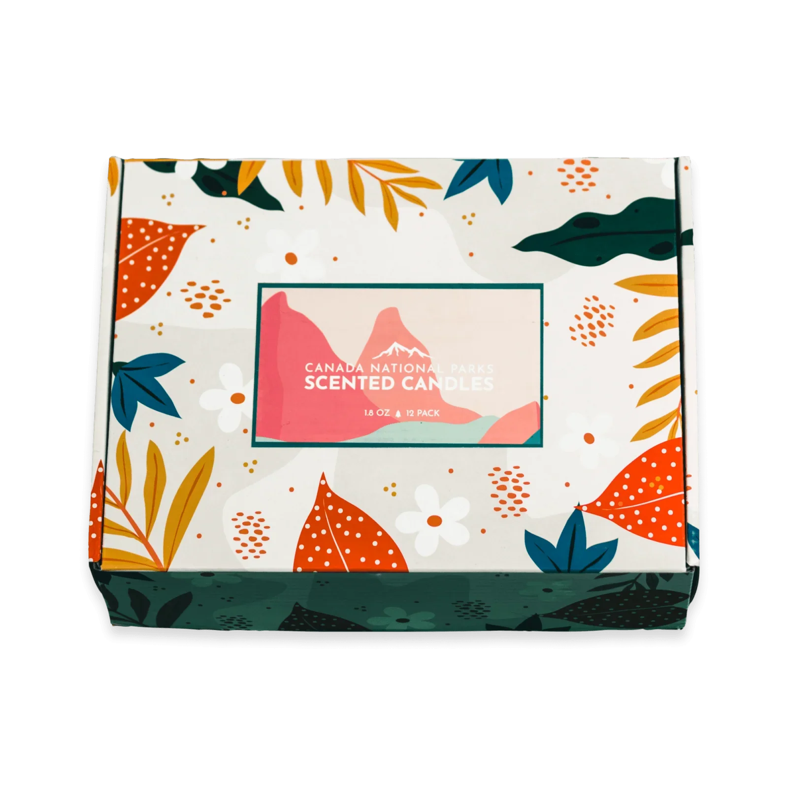 Box of Canada National Parks scented candles with colorful floral design