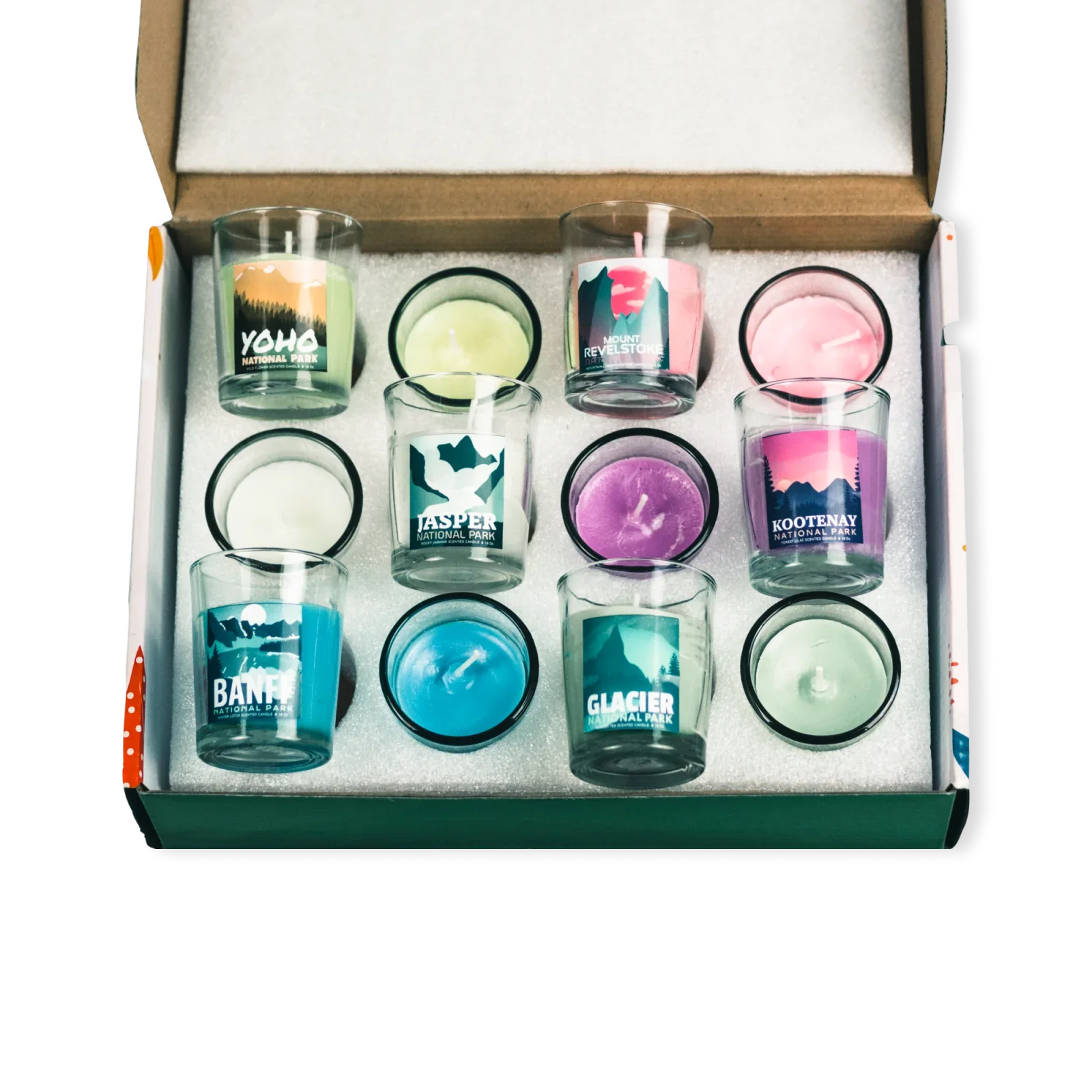 Set of 12 Canadian National Parks scented candles in glass jars, boxed gift set