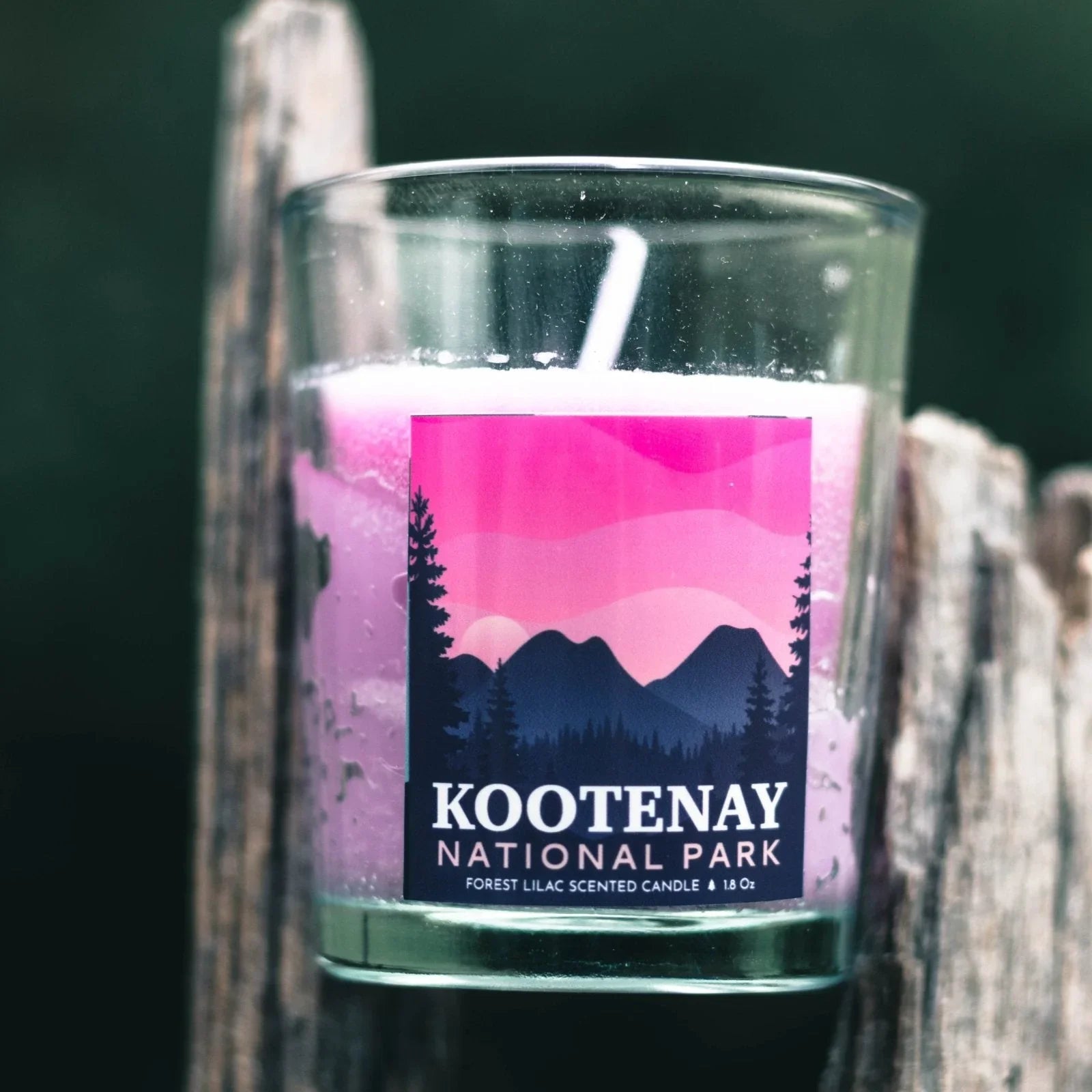 Kootenay National Park forest lilac scented candle in glass with mountain label design
