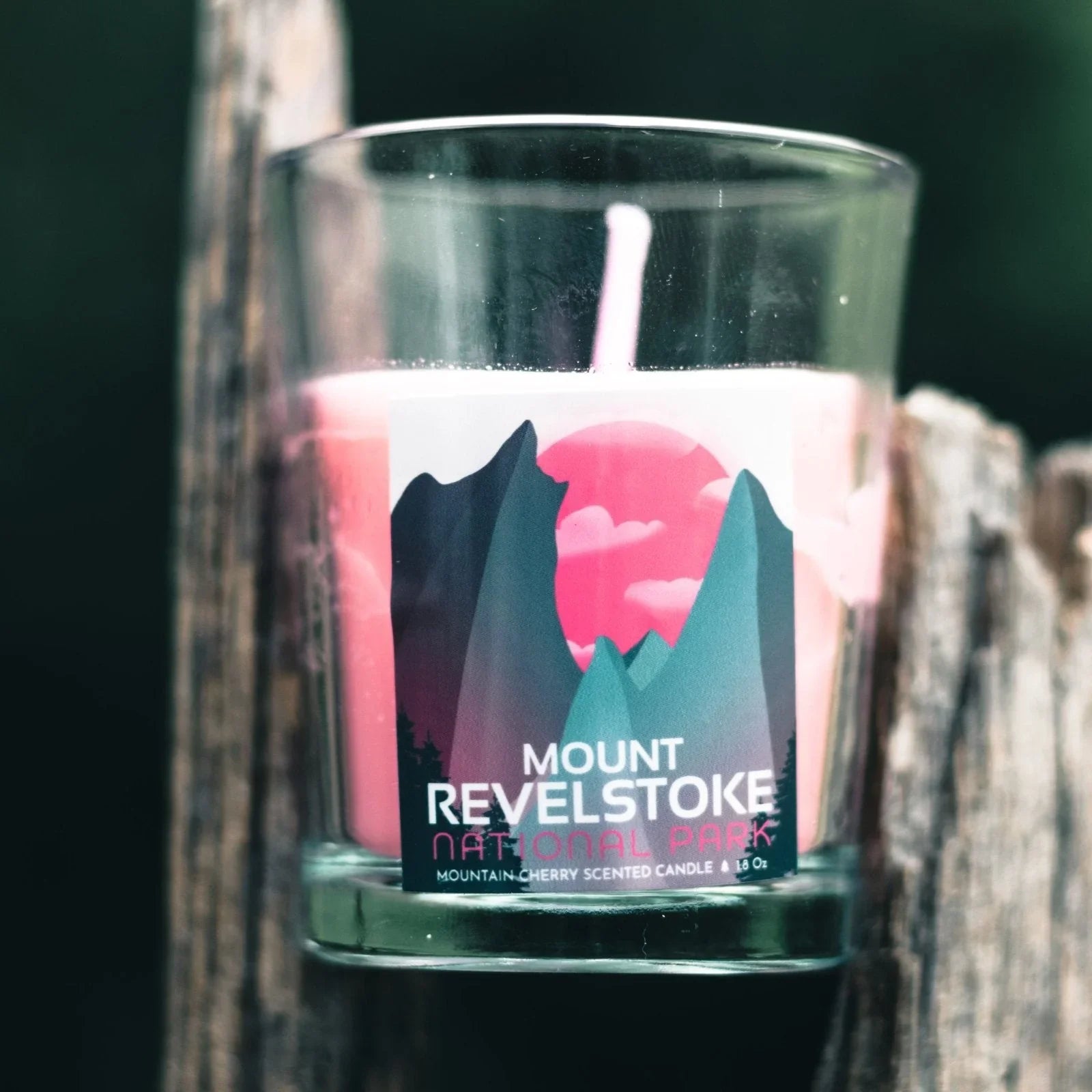 Mount Revelstoke National Park mountain cherry scented candle in glass jar outdoors