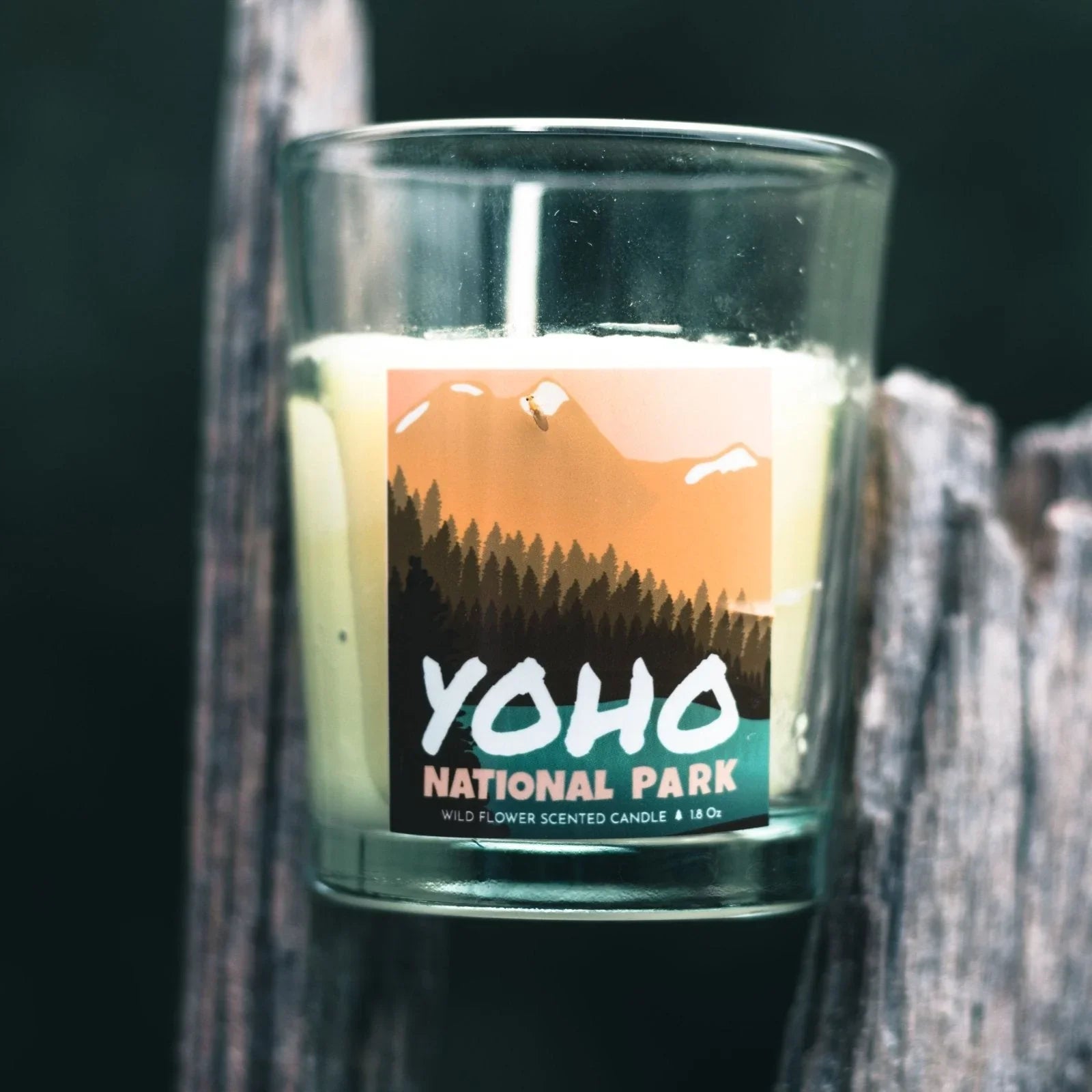 Yoho National Park wildflower scented candle in a glass jar with mountain and forest label
