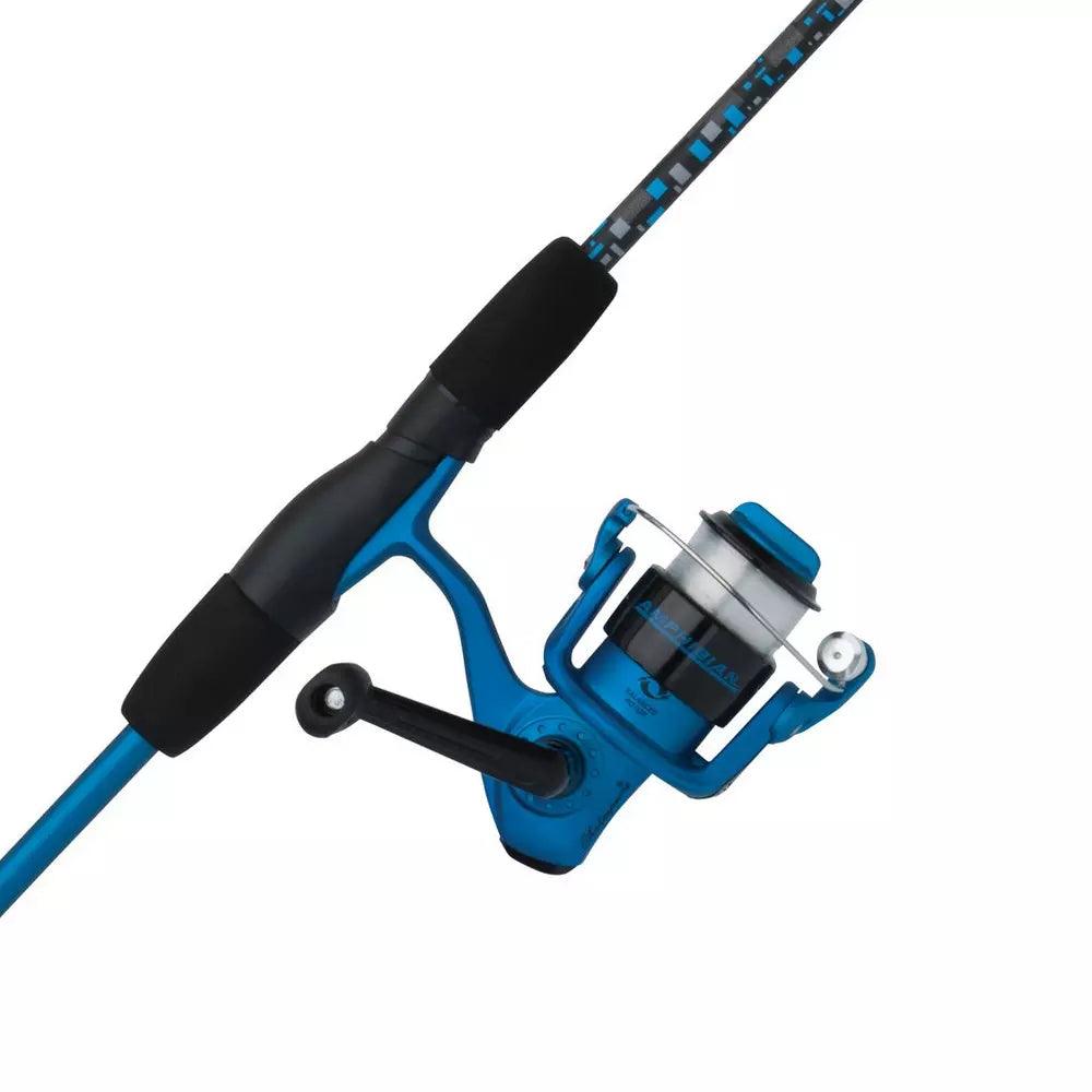 Blue SKP Amphibian spinning fishing rod and reel combo with black handle on white background