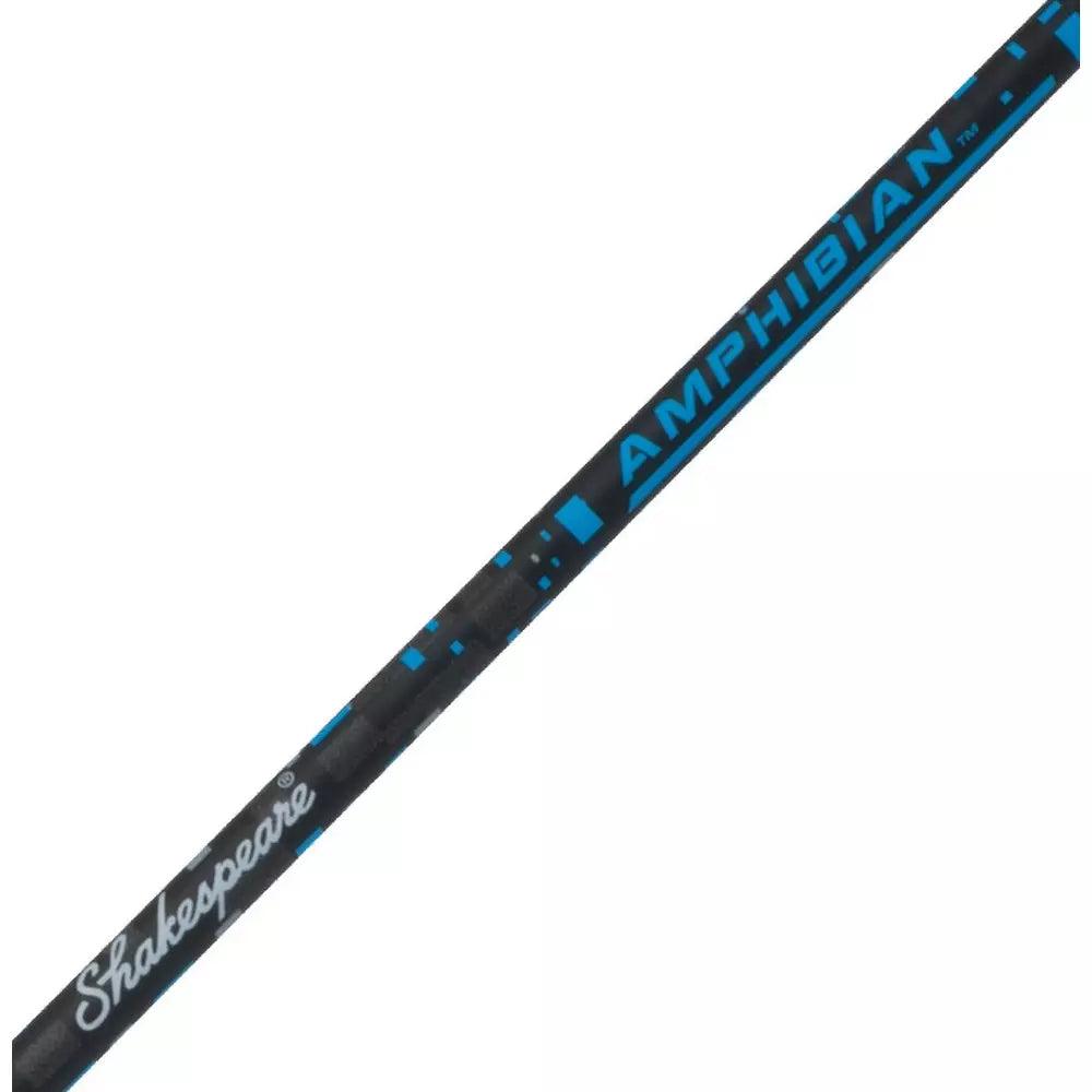 Shakespeare Amphibian blue and black spinning fishing rod close-up