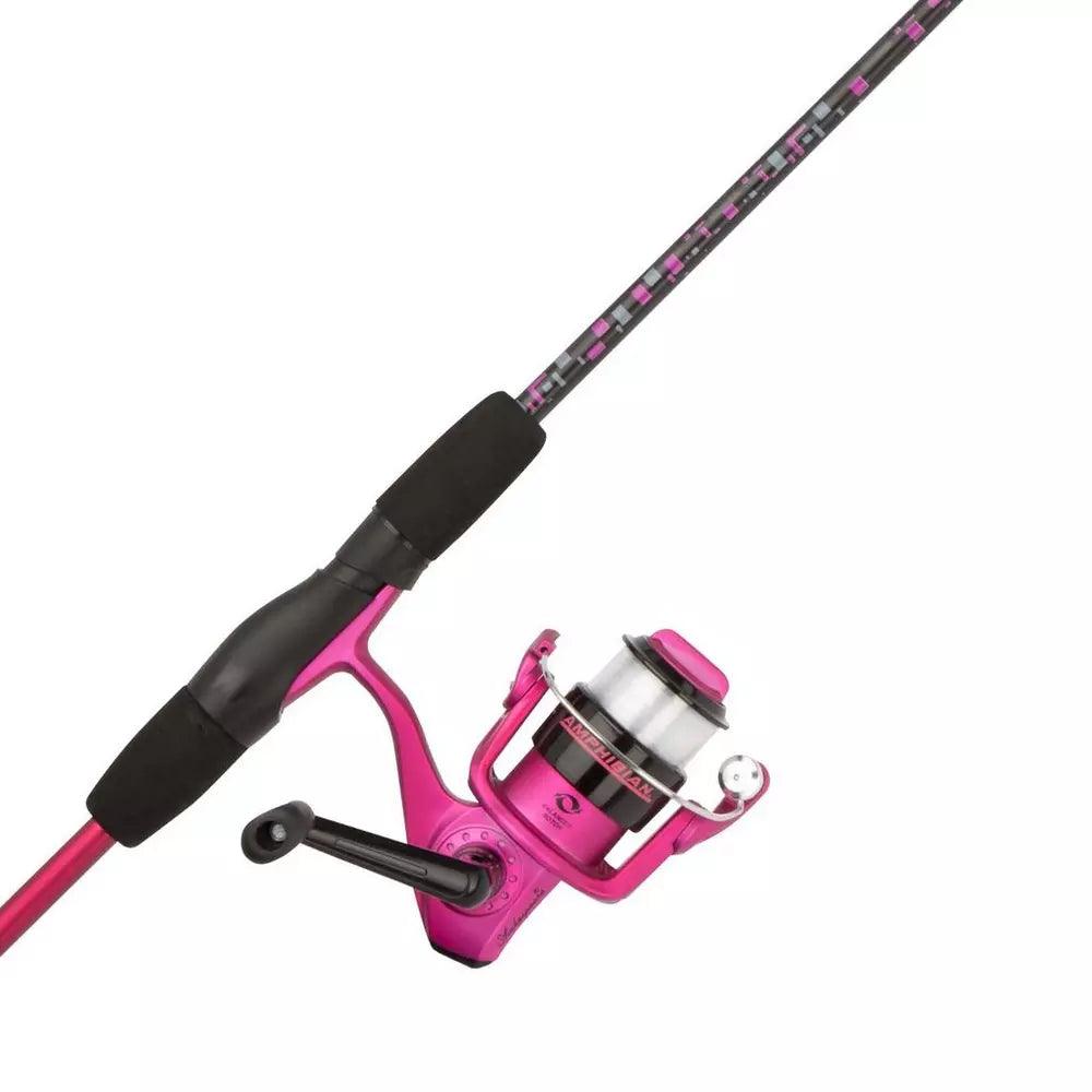Pink spinning fishing rod and reel combo with black handle on white background