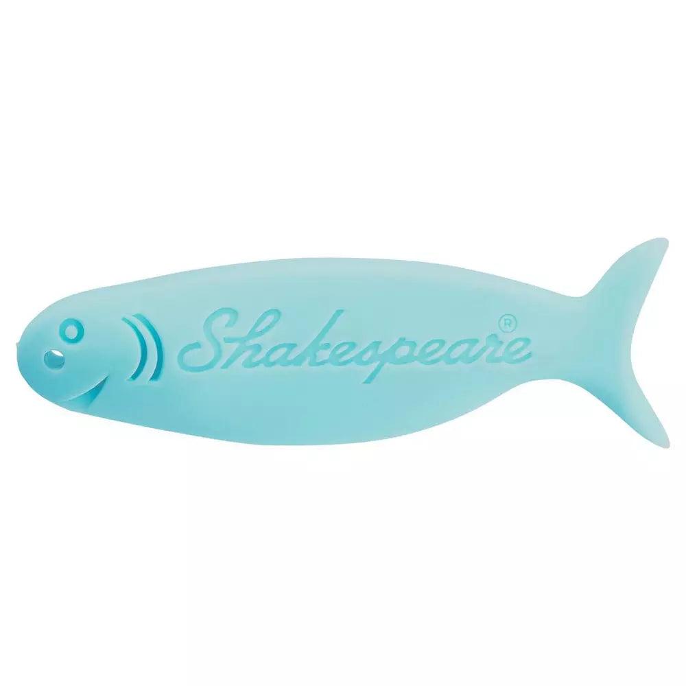 Light blue fish-shaped tool with 'Shakespeare' logo, kids fishing kit accessory.