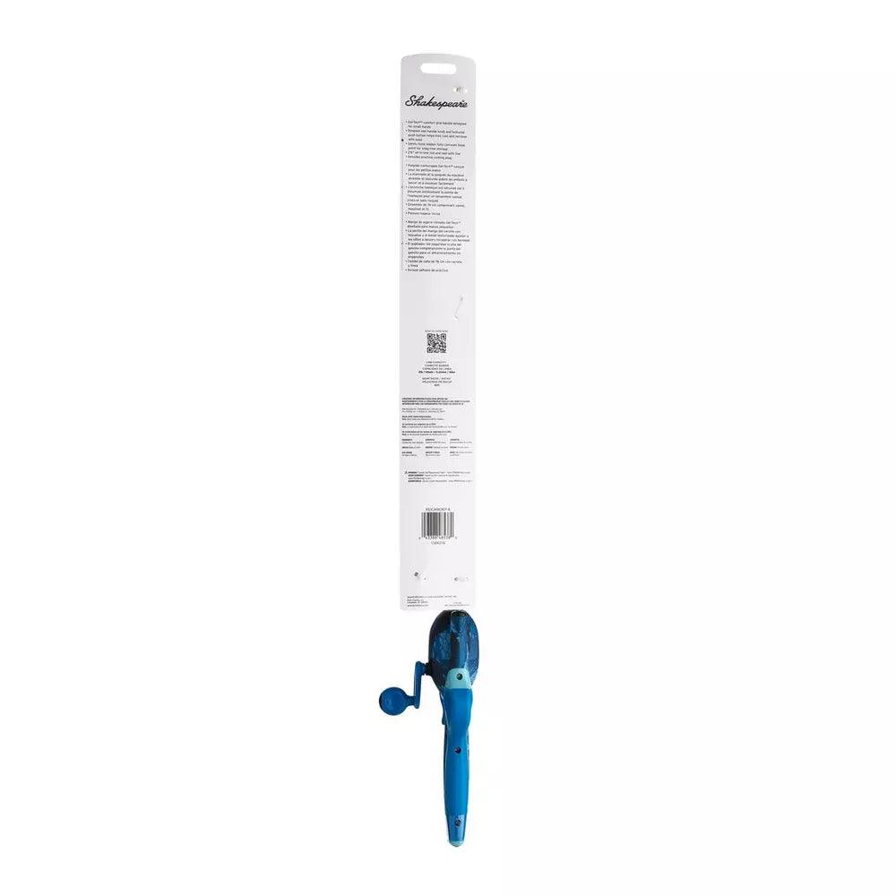 Shakespeare Kids Camo Beginner Kit with blue fishing rod and branded packaging, rear view