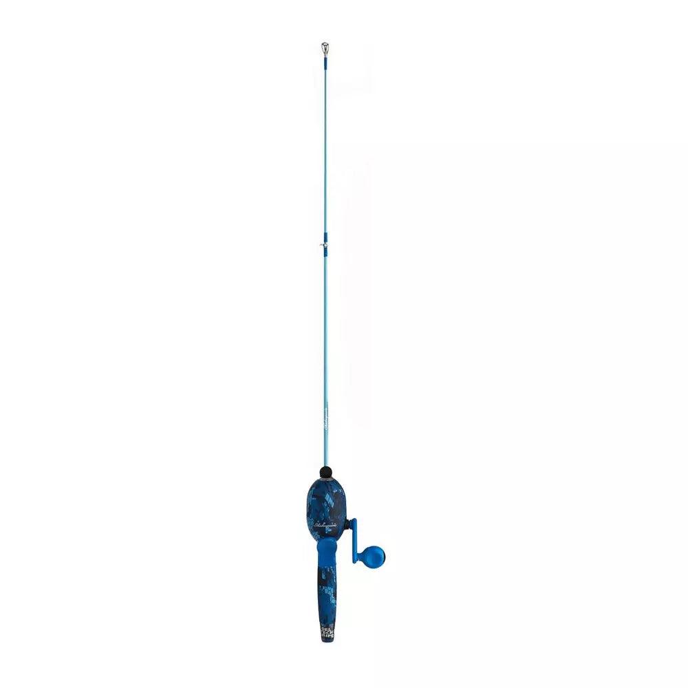 Shakespeare Kids Camo Beginner Kit blue fishing rod and reel on white background