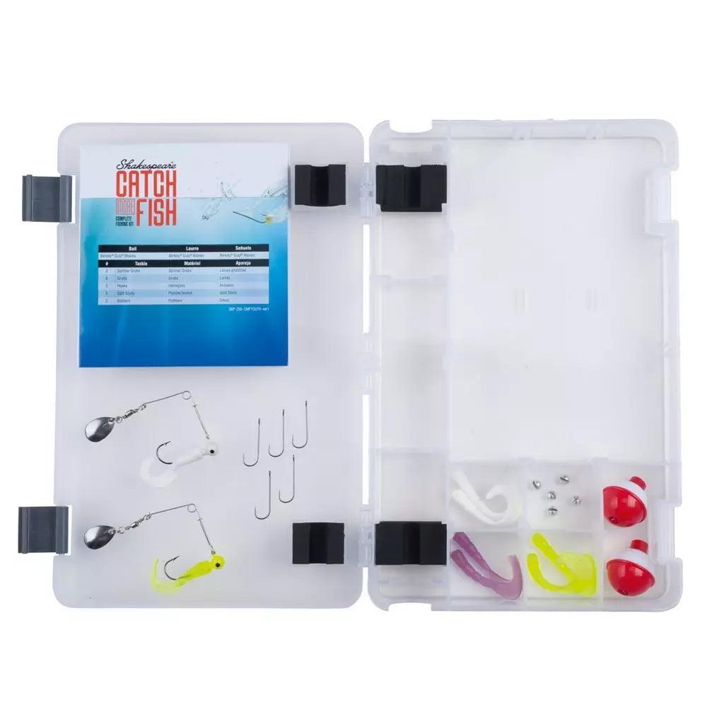 Youth spinning fishing tackle kit with hooks, lures, soft baits, bobbers in clear case