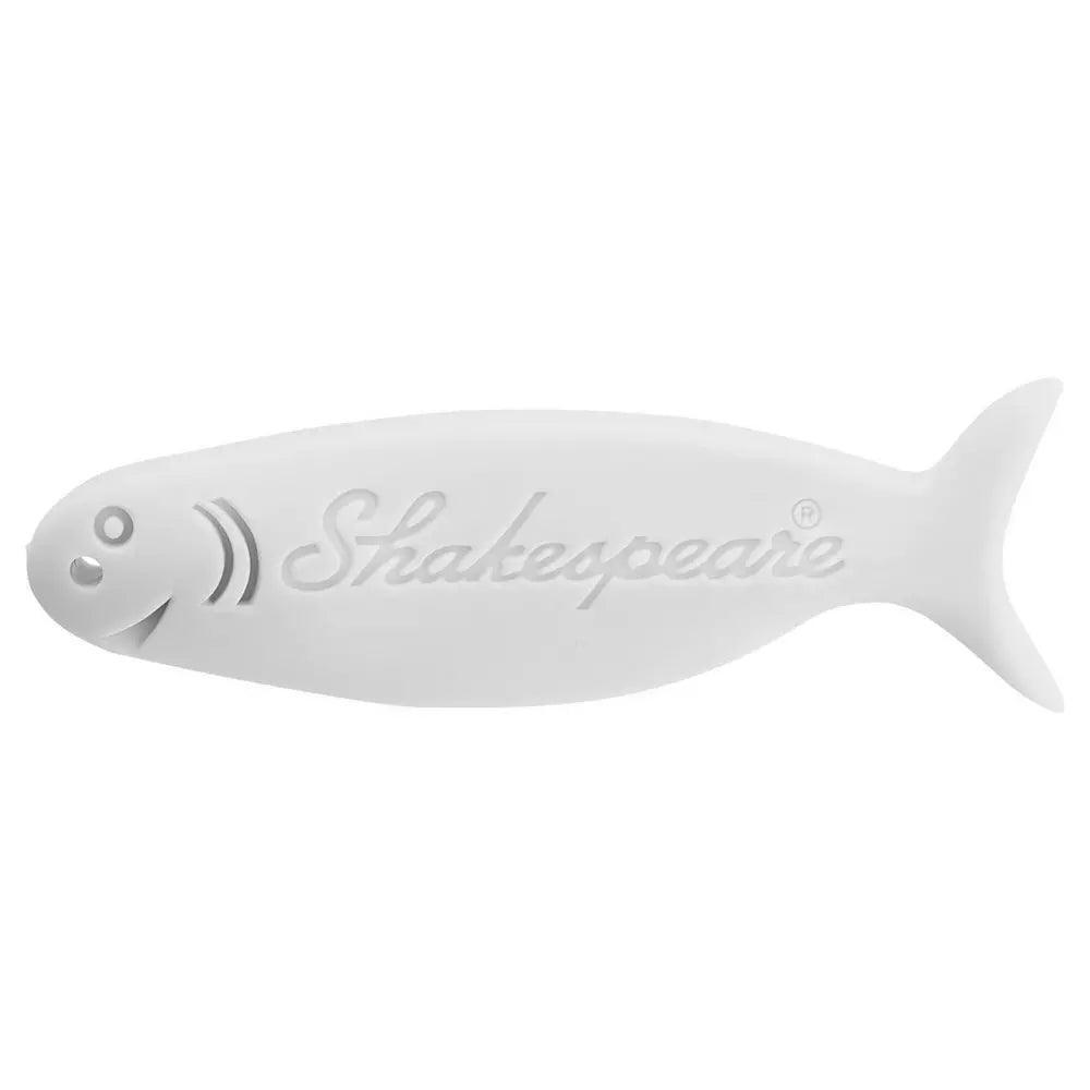 White fish-shaped kids fishing kit accessory with Shakespeare logo