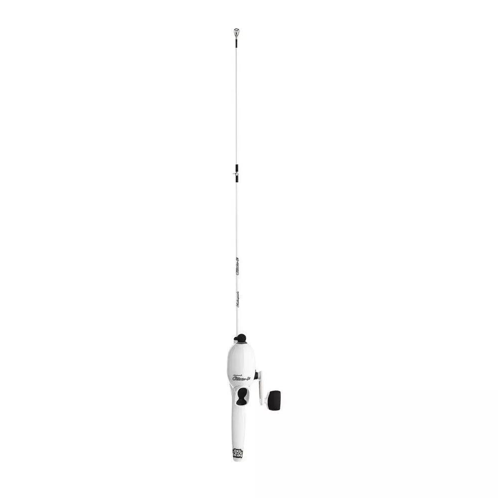Kids white fishing rod with black handle and reel on white background
