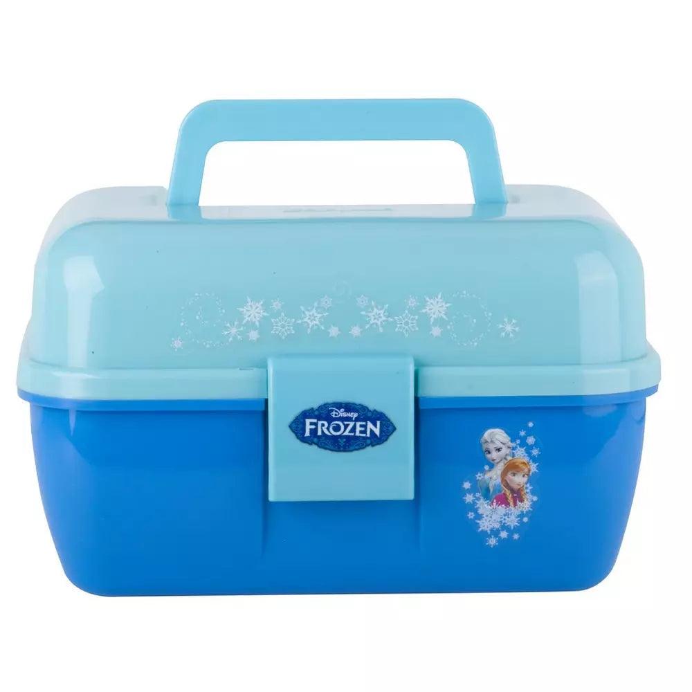 Disney Frozen blue plastic lunchbox with Elsa and Anna design, snowflakes, and carry handle