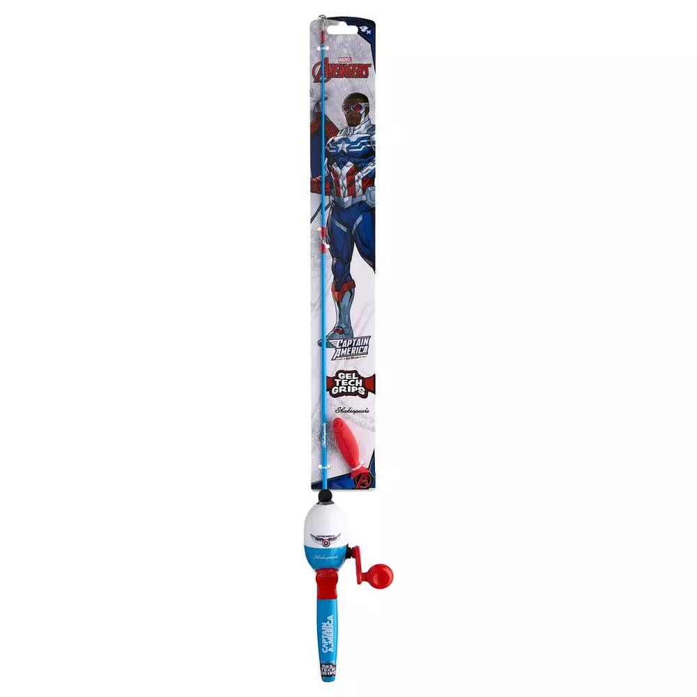 Marvel Captain America beginner fishing kit for kids with blue and red rod and packaging