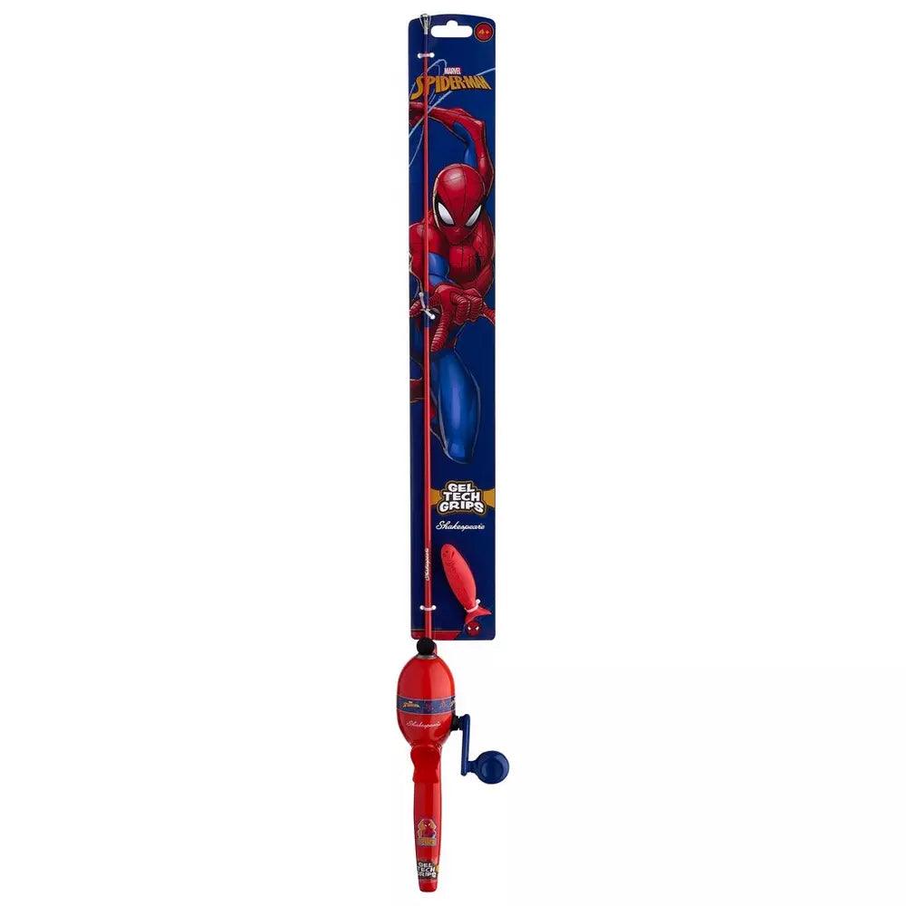 Marvel Spider-Man kids fishing rod kit in red and blue packaging by Shakespeare