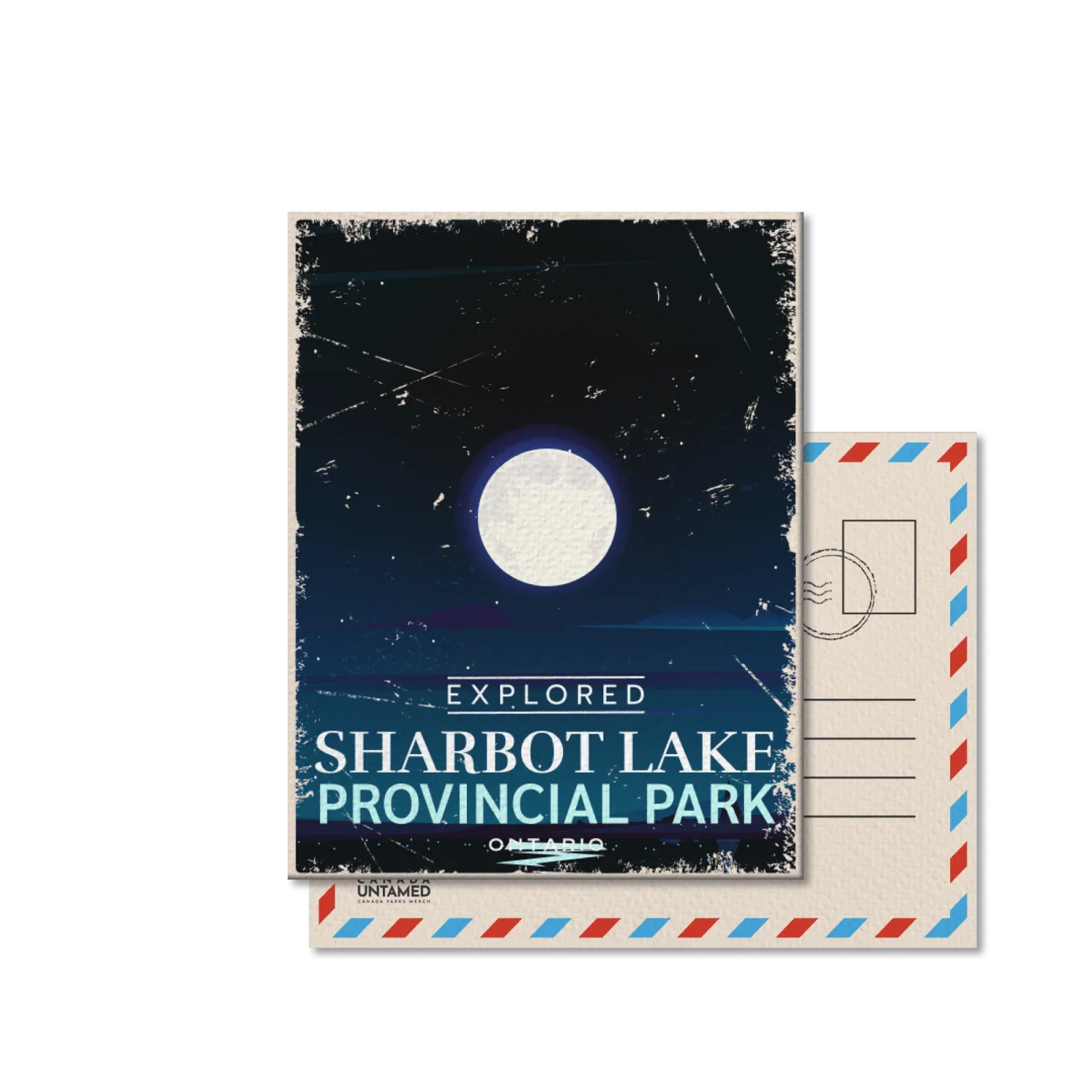 Sharbot Lake Provincial Park Ontario postcard with night sky and full moon illustration.