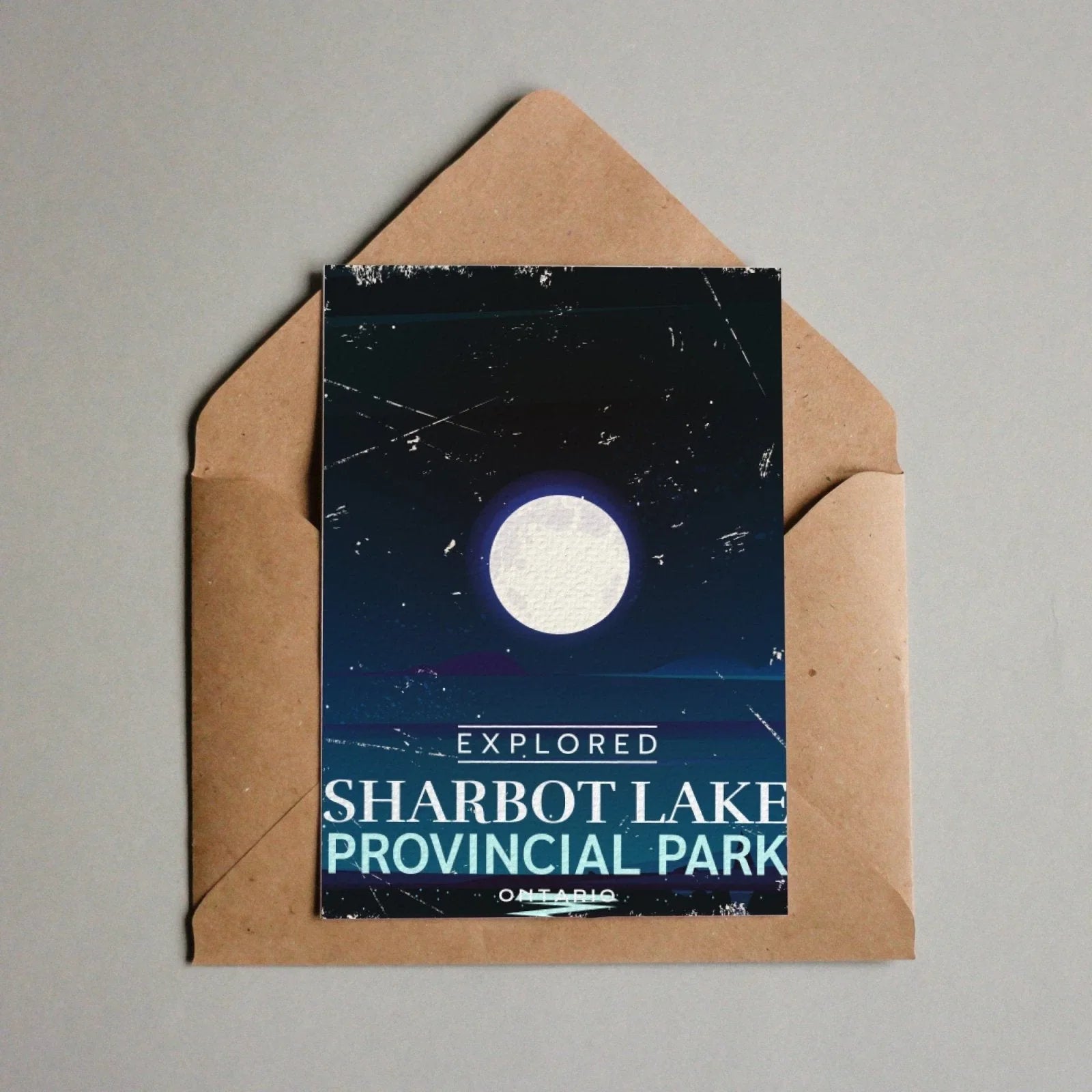 Sharbot Lake Provincial Park Ontario postcard with moon and night sky in brown envelope