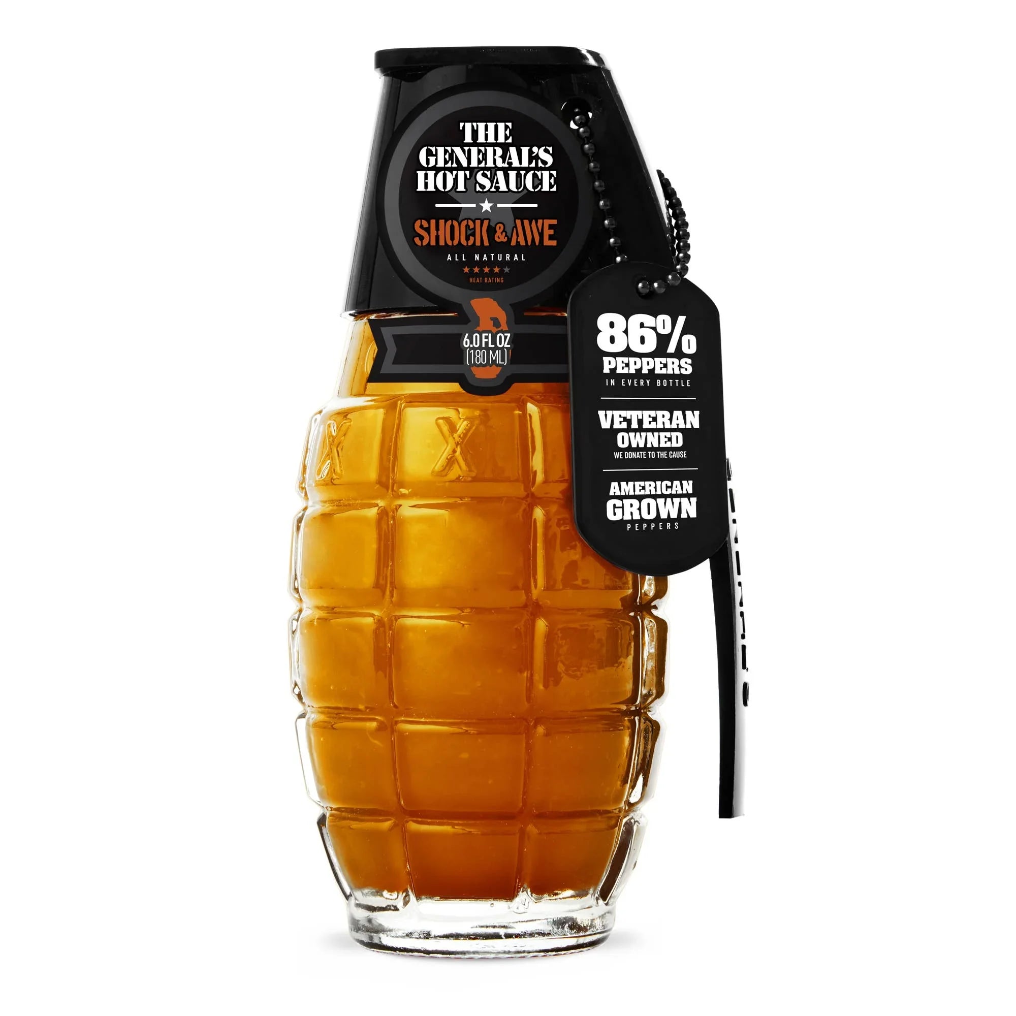 The General's Hot Sauce Shock & Awe bottle shaped like a grenade with product tags
