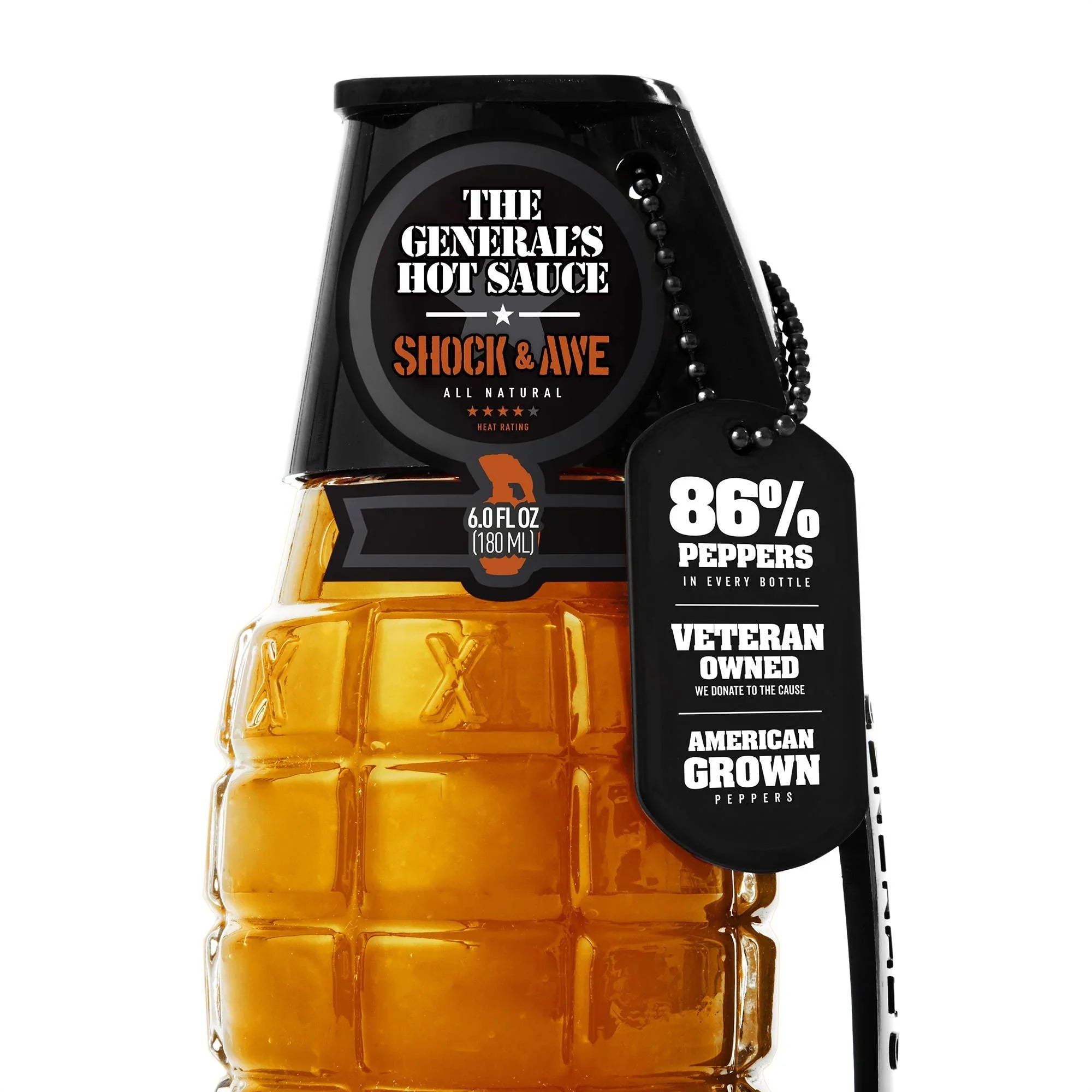 The General's Hot Sauce Shock & Awe in grenade-shaped bottle with veteran owned dog tag