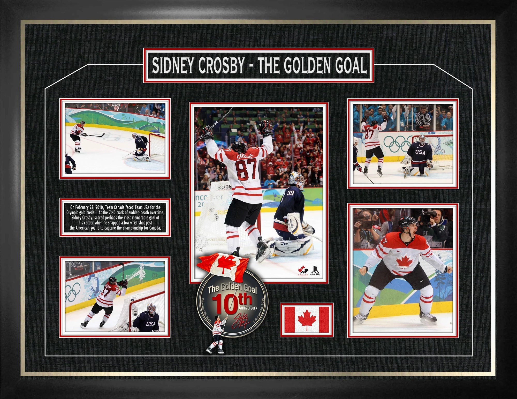Sidney Crosby framed photo collage celebrating Team Canada’s 2010 Olympic gold medal hockey goal.