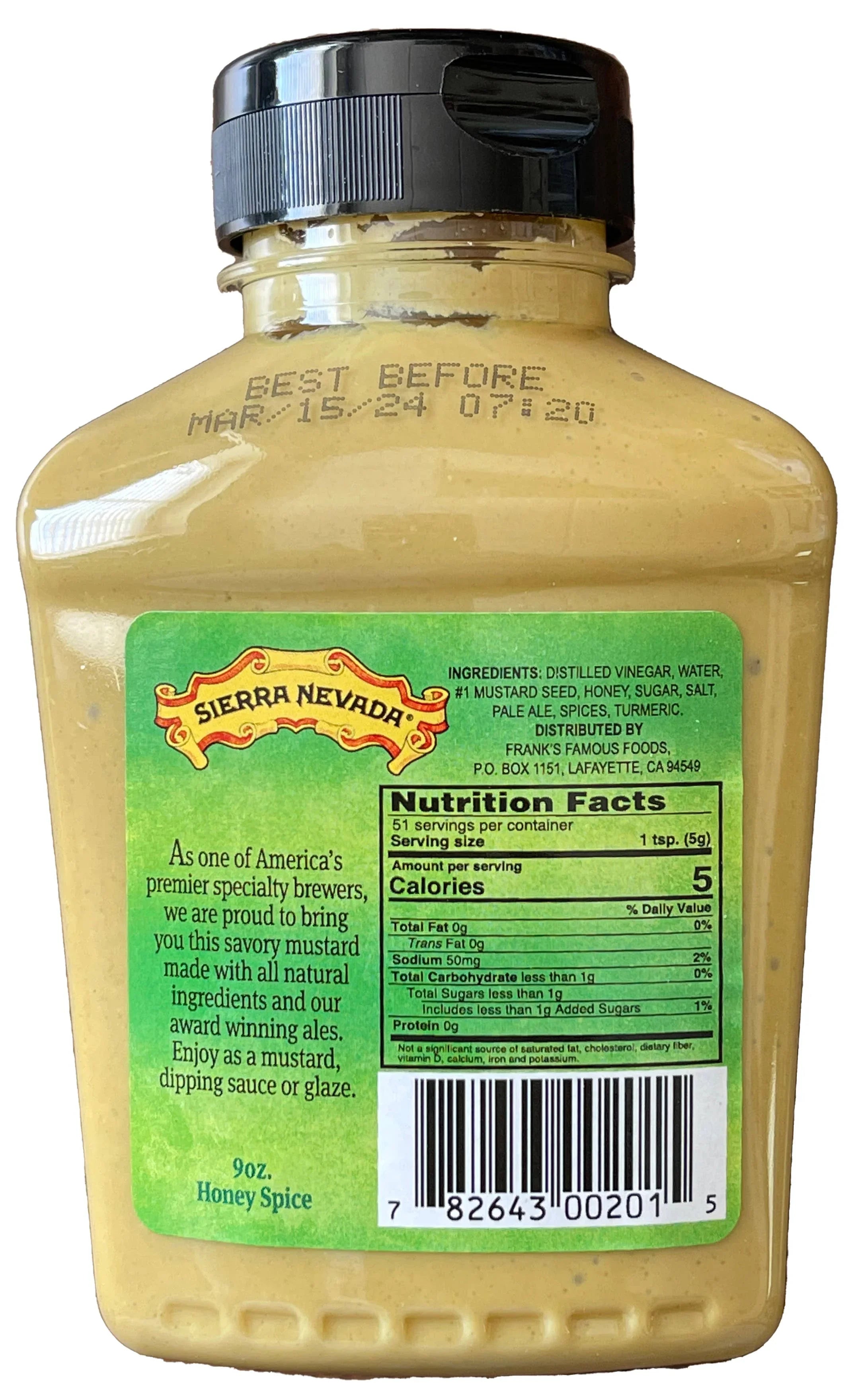 Sierra Nevada Honey Spice mustard bottle, nutrition facts and ingredients label visible.
