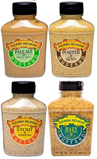 Sierra Nevada mustard bottles in pale ale, porter, stout, and hazy IPA flavors.