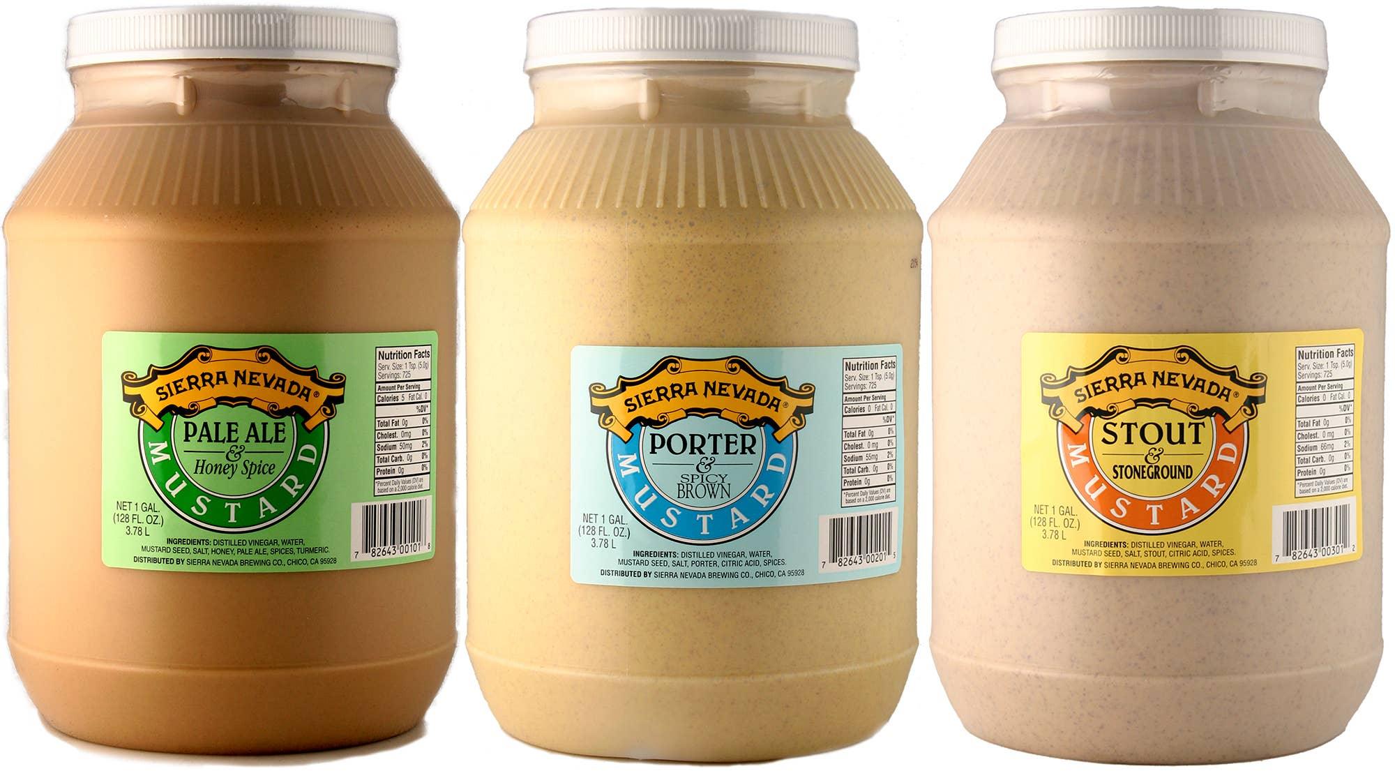 Three large Sierra Nevada mustard jars: Pale Ale Honey Spice, Porter Spicy Brown, Stout Stoneground