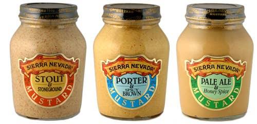 Three Sierra Nevada mustard jars: Stout Stoneground, Porter Spicy Brown, Pale Ale Honey Spice