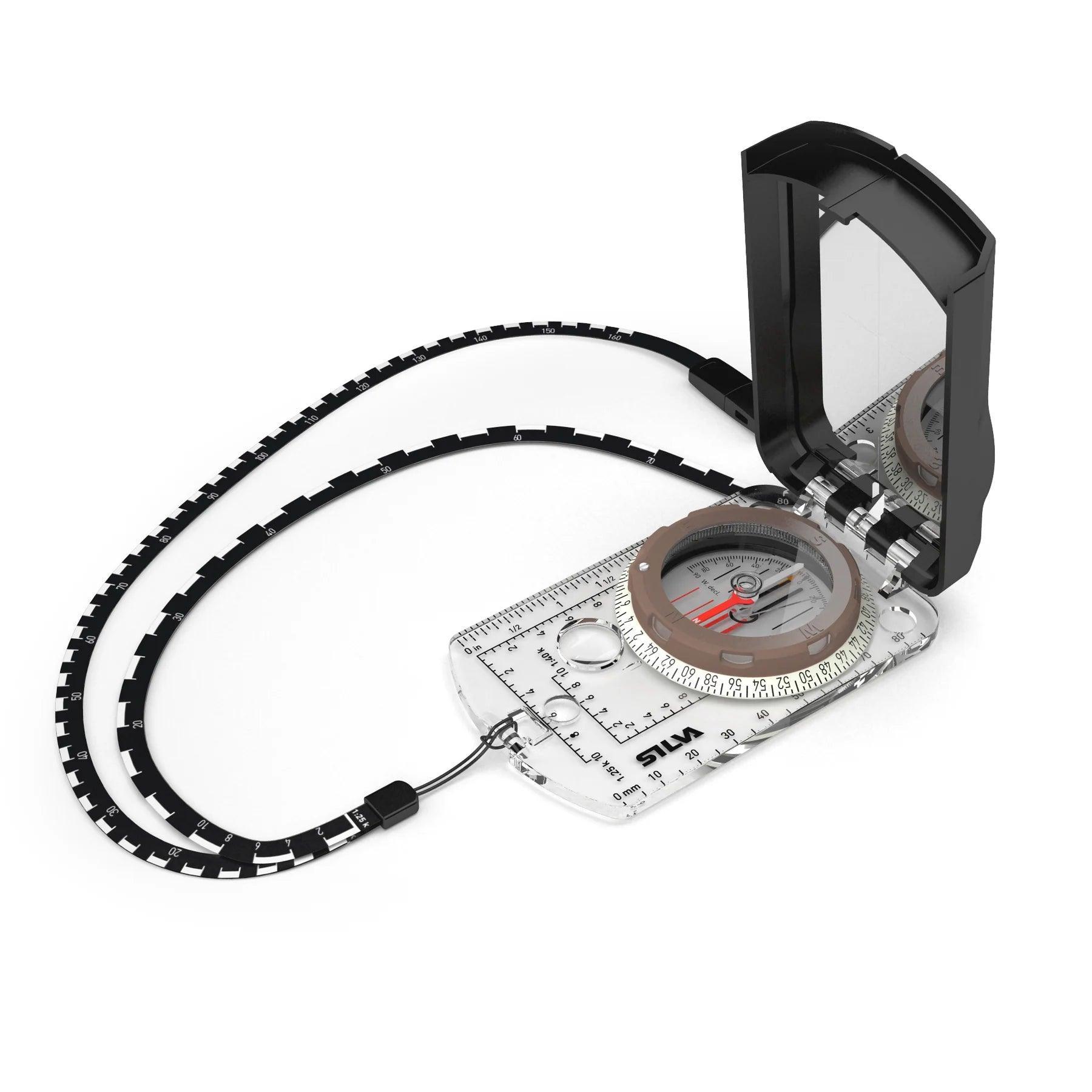 SILVA mirror sighting compass with lanyard, ruler markings, and transparent baseplate