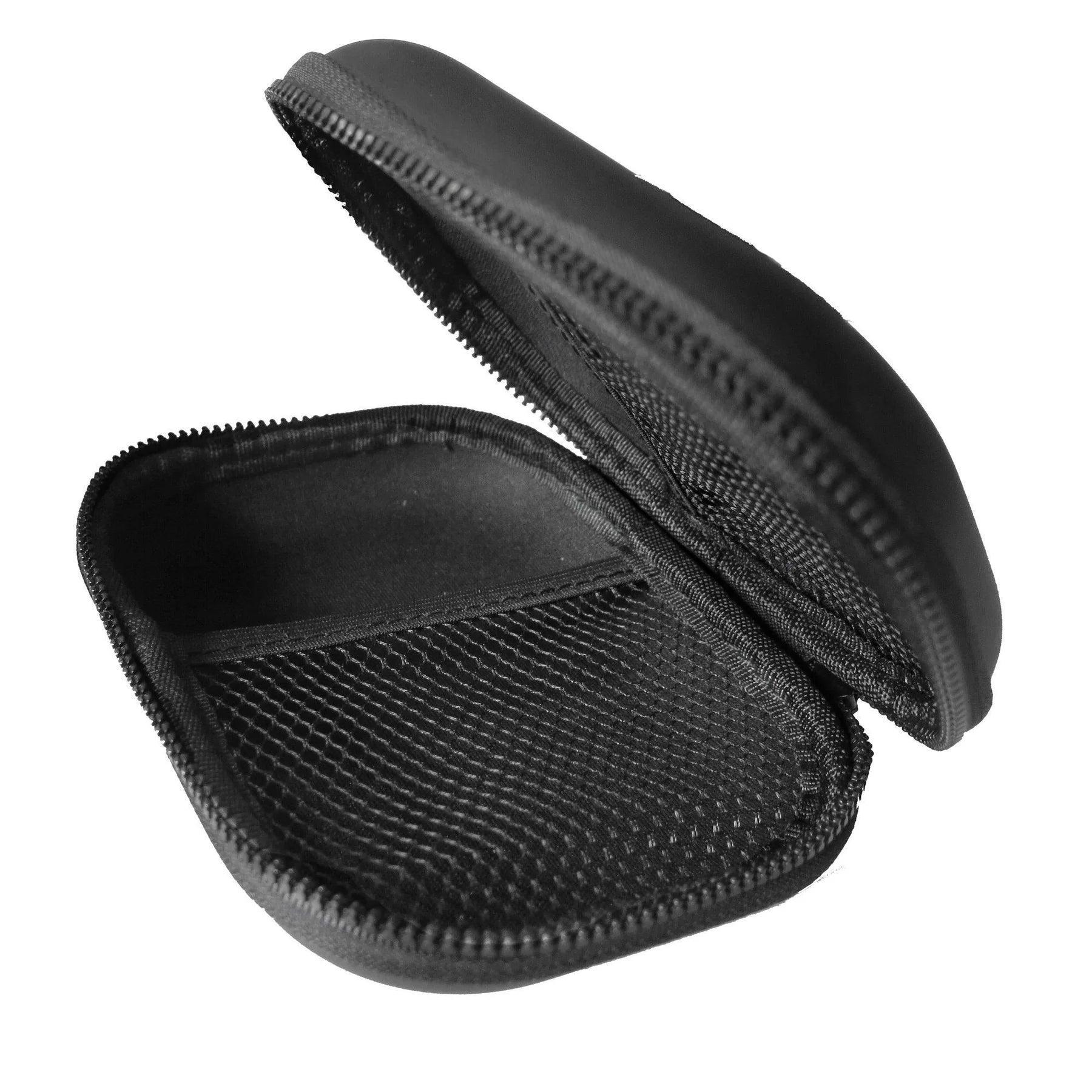 Black zippered hard shell case with mesh pocket for small accessories