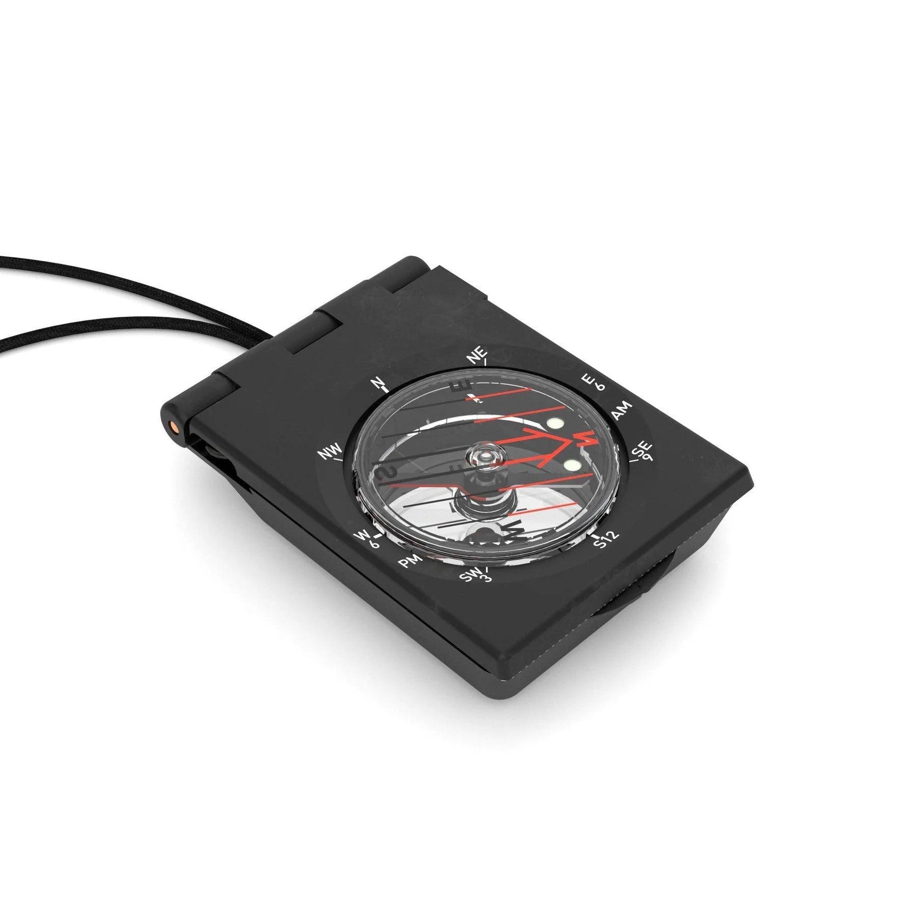 Black handheld sundial compass with lanyard on white background