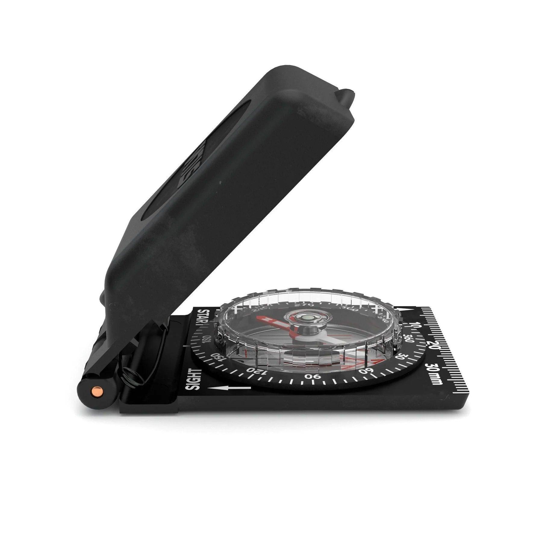 Black sighting compass with flip-up lid and clear baseplate for navigation