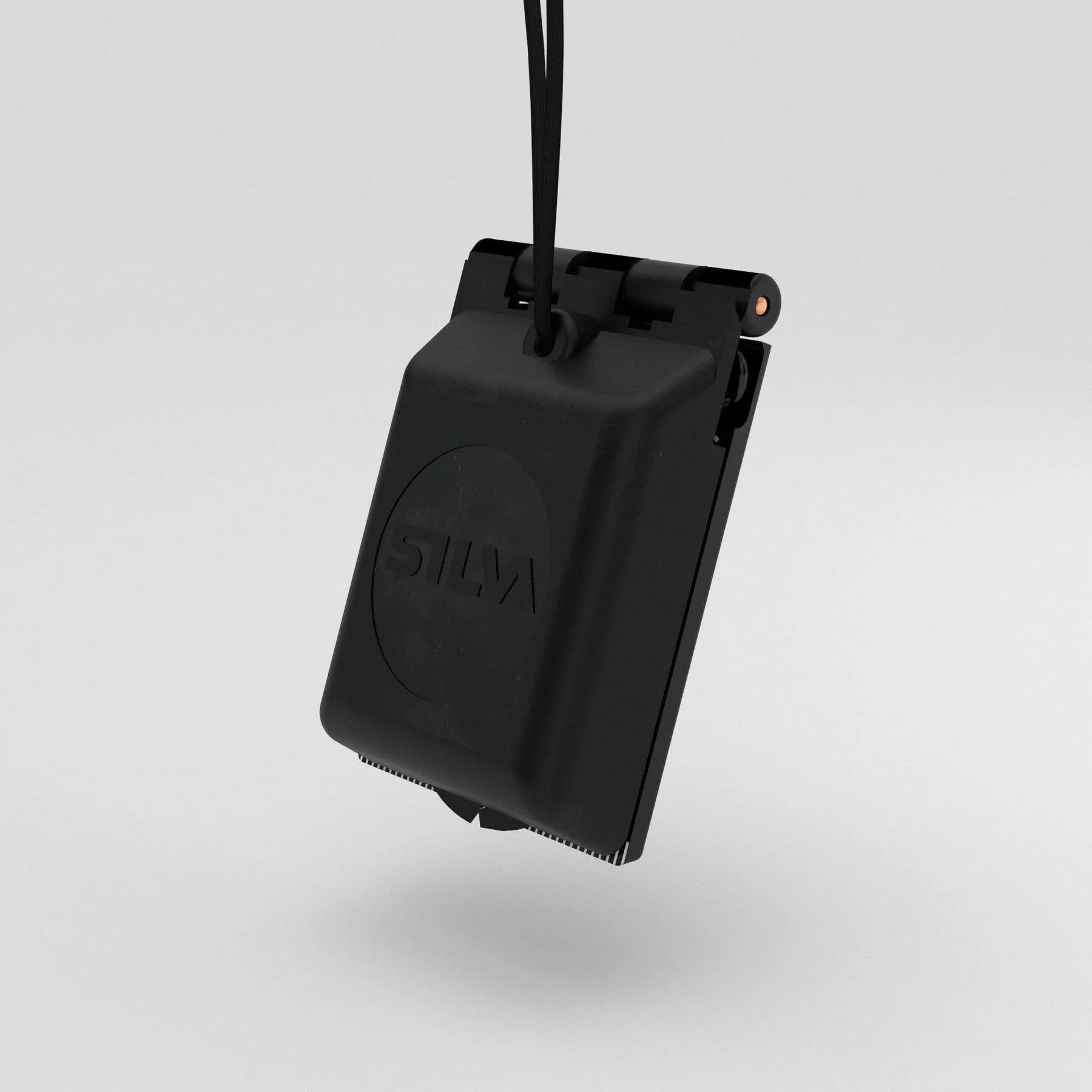 Black Silva Ranger SL compass case on lanyard against light background