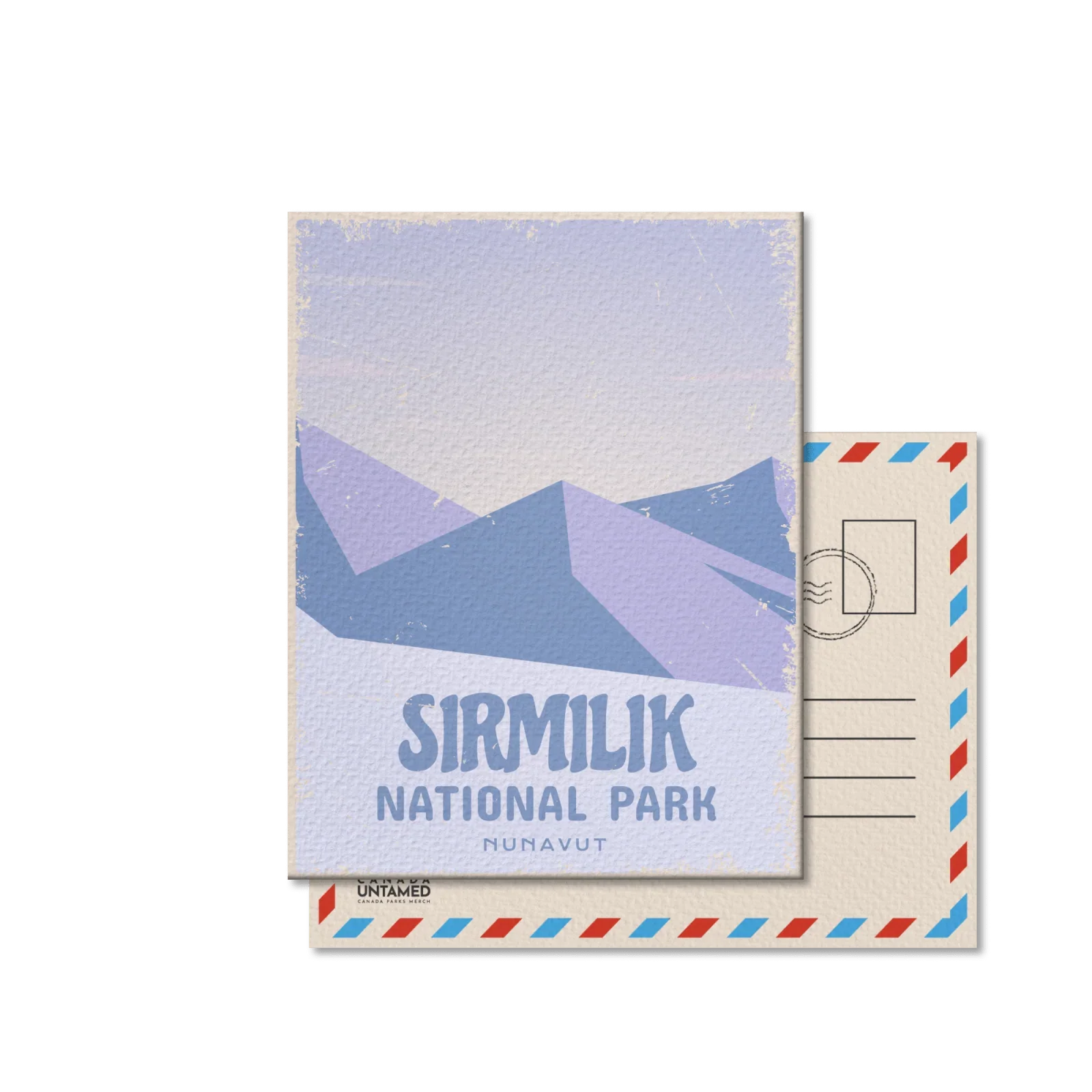 Sirmilik National Park Nunavut postcard with stylized blue mountains and vintage design