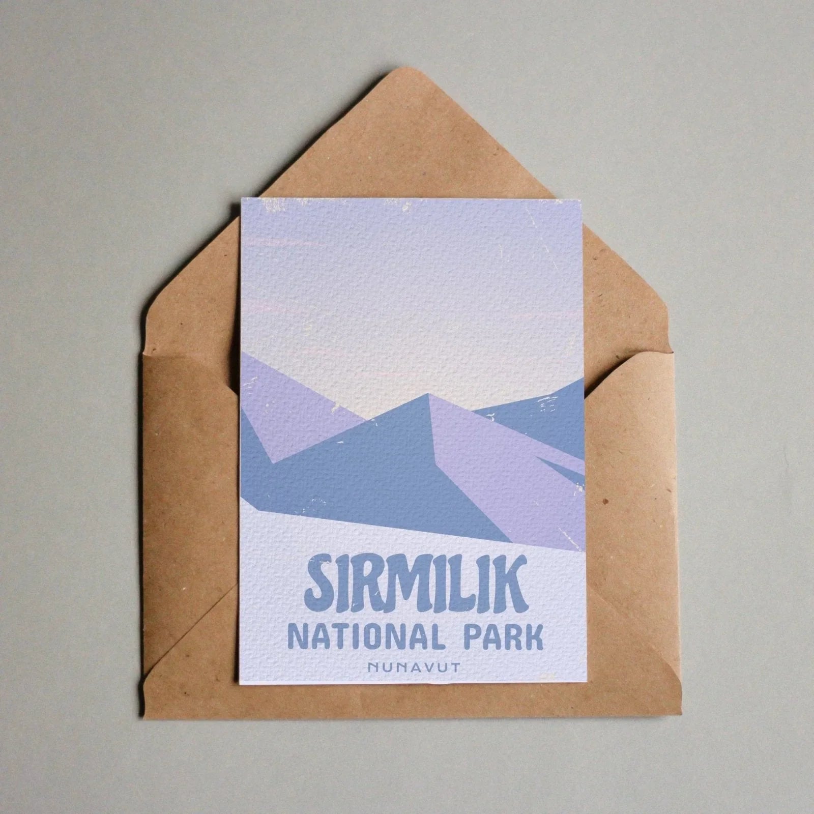 Sirmilik National Park Nunavut postcard with blue mountains in a brown envelope