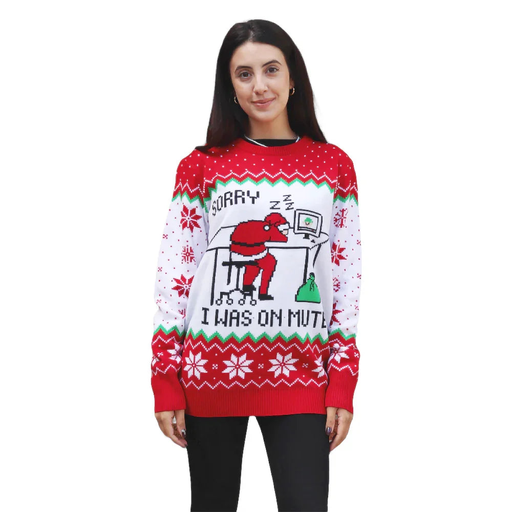 Woman wearing a Christmas sweater with a sleepy Santa and 'Sorry I was on mute' text.