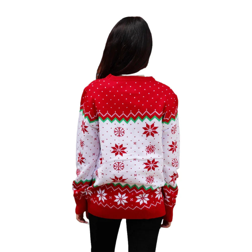 Woman wearing red and white Christmas sweater with snowflake pattern, viewed from the back