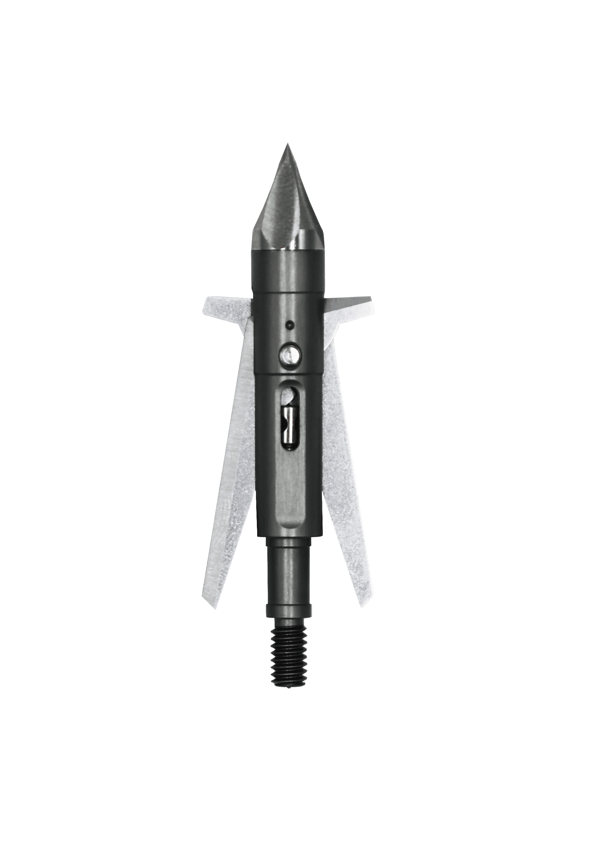 Slick Trick Archery Torch broadhead with metallic blades and screw tip on black background