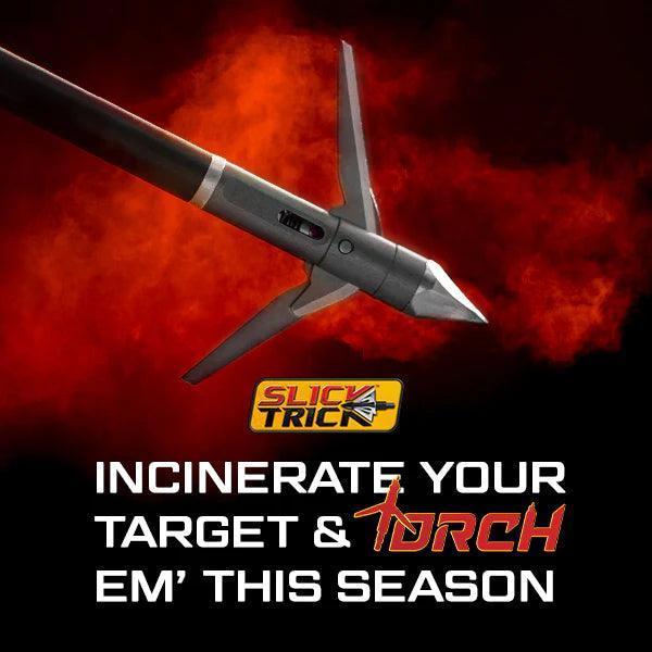 Slick Trick Torch broadhead for archery with red smoke background and marketing text