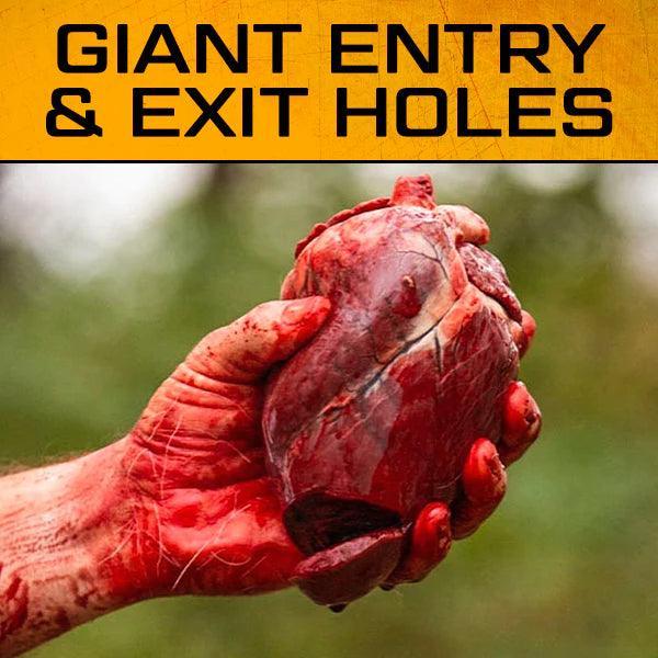 Blood-covered hand holding animal heart, text reads 'GIANT ENTRY & EXIT HOLES' for broadhead hunting.