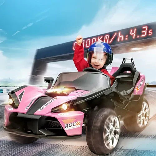 Child in blue helmet driving pink toy race car on track, speed sign in background