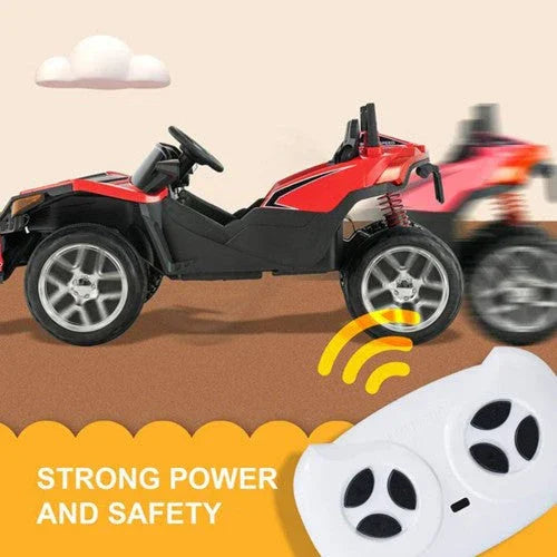 Red remote control ride-on car for kids with wireless controller, strong power and safety