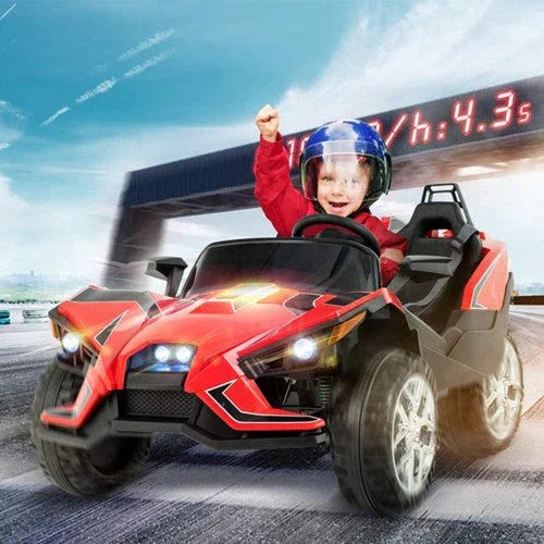 Smiling child in helmet drives red electric toy car on race track, finish line in background