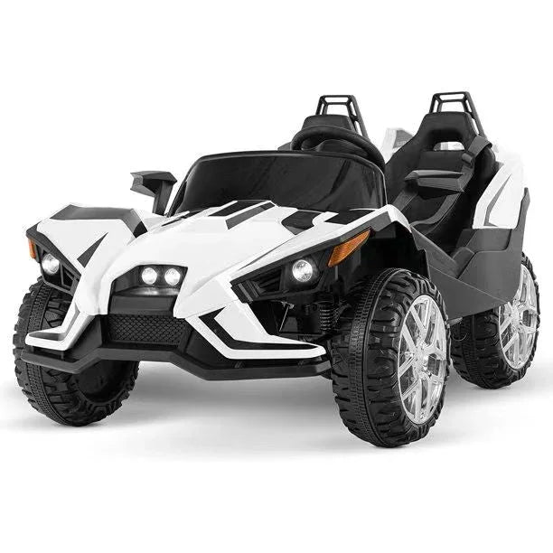 White and black kids ride-on toy car with two seats and rugged tires on white background