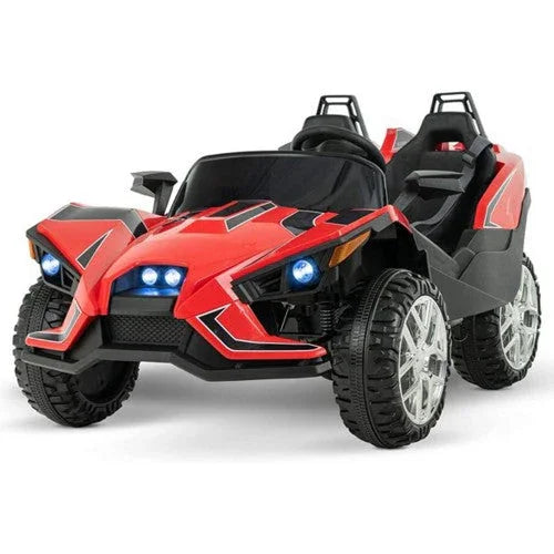 Red two-seater kids ride on car with LED headlights and black racing accents