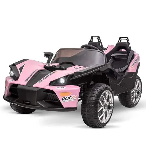 Pink and black kids ride-on car with two seats, sporty design, large wheels, ROC decal