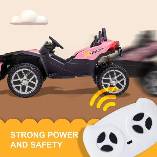 Pink X-Boom ride on car for kids with remote control, strong power and safety feature